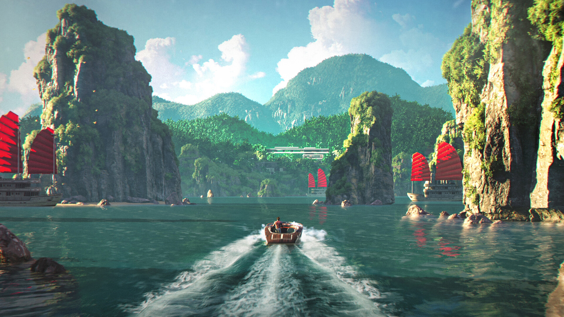 Speedboat chase through a tropical inlet in 007 First Light