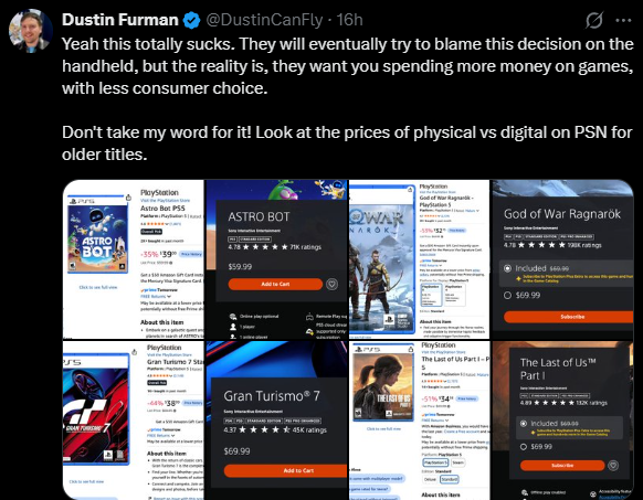 Dustin Furman tweet showing physical vs digital price comparisons
