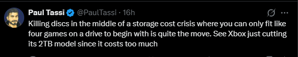 Paul Tassi tweet about storage cost crisis