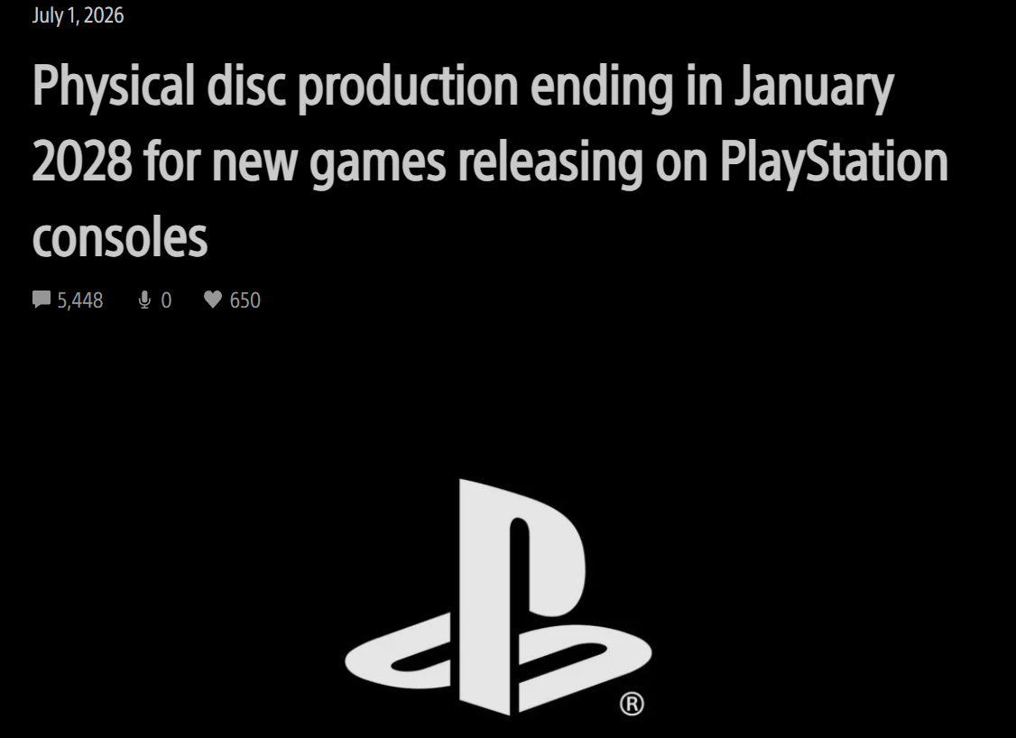 Sony PlayStation announcement: Physical disc production ending January 2028