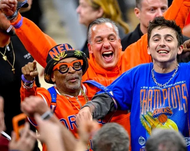 Spike Lee and Timothy Chalamet celebrating the Knicks championship